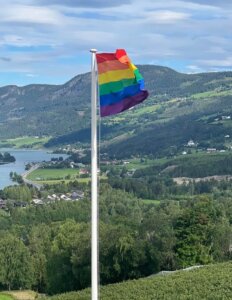 regnbuflagg i typisk norsk landskap