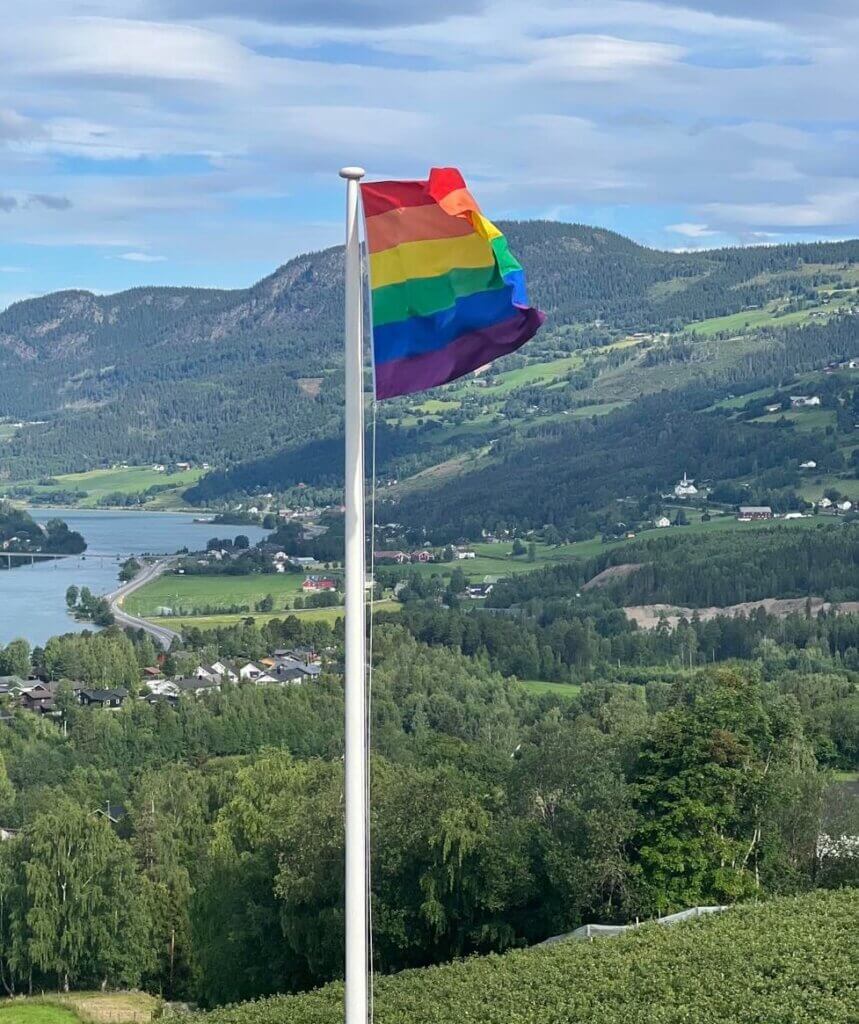 regnbuflagg i typisk norsk landskap